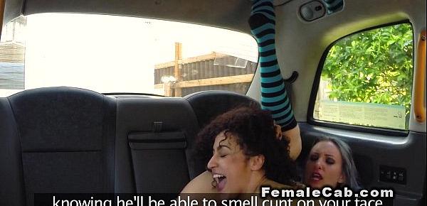  Female fake taxi driver with ebony babe in backseat